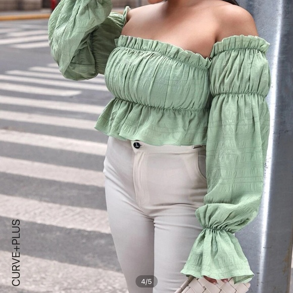 OFF THE SHOULDER RUFLE TRIM RUCHED PEPLUM TOP - Picture 2 of 8